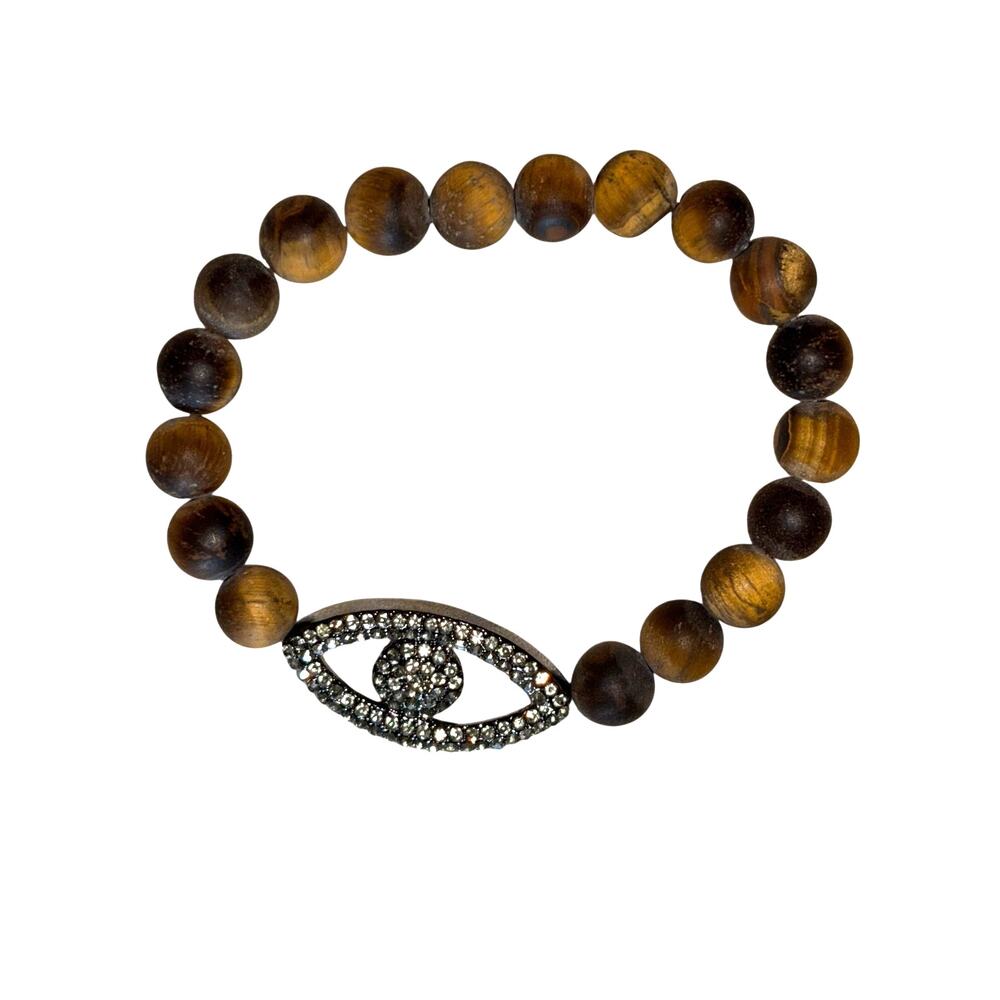 Marlyn Schiff Natural Wood Beads & Rhinestone Evil Eye Bracelet